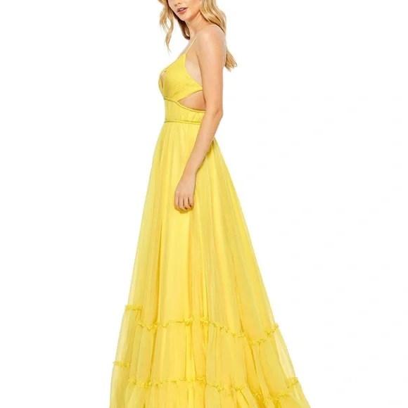 Mac Duggal Leena Dress 67967 Exposed Back Ruched Bodice Yellow Maxi Dress